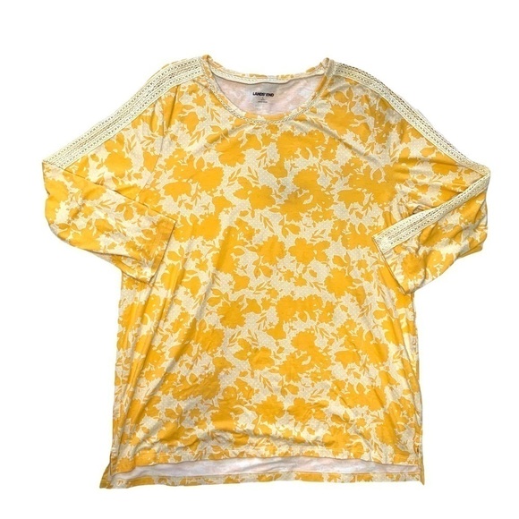Lands' End Yellow Floral Long Sleeve Crocheted Detail Shirt Top Size Large - Picture 10 of 16